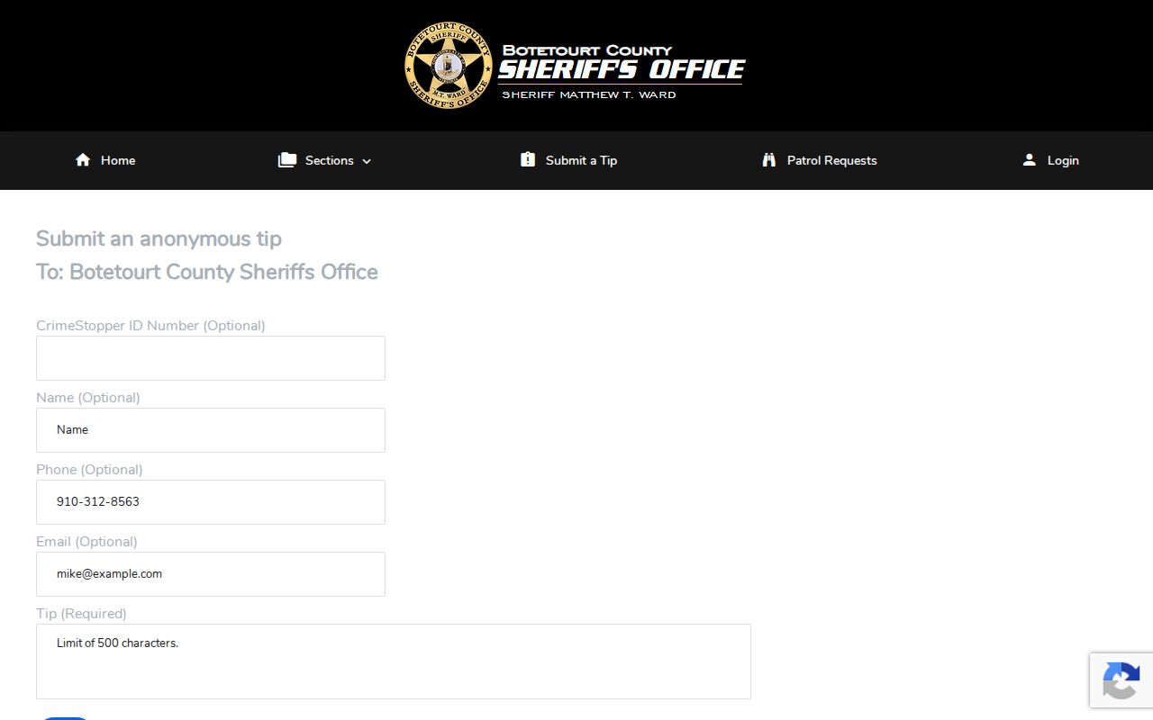 Botetourt County most wanted tip form with optional contact fields