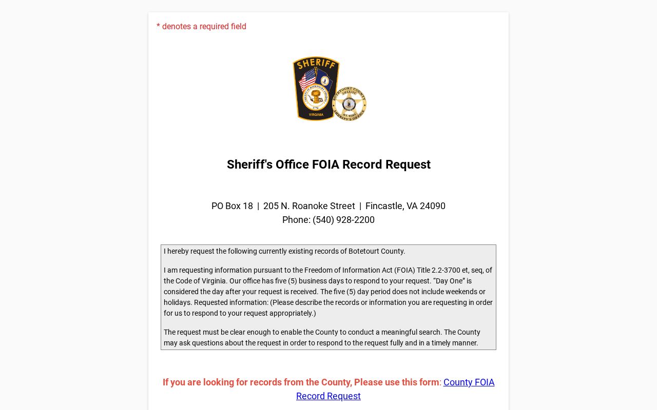 Botetourt County warrant records request, official JustFOIA launch page
