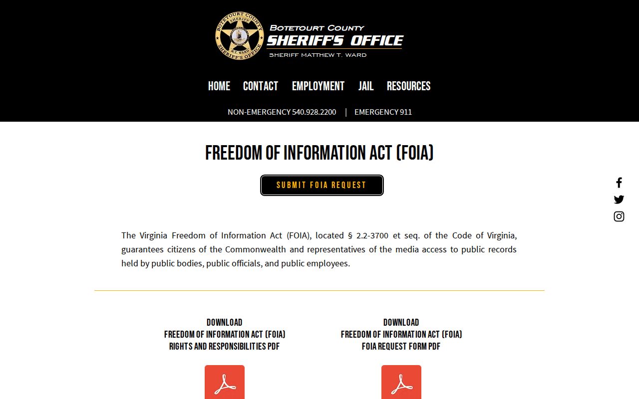 Botetourt County warrant records request route on the Sheriff's FOIA page