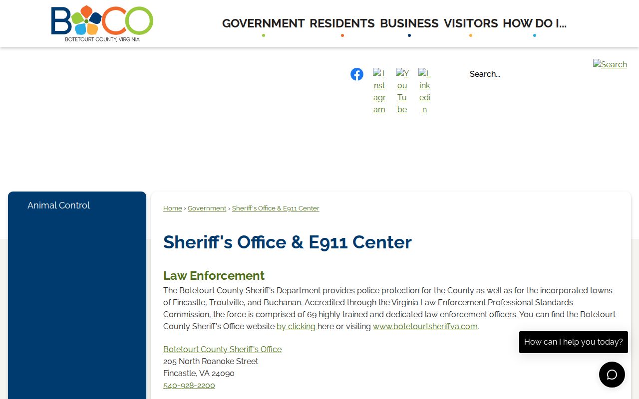 Botetourt County municipal warrant routing, Sheriff's countywide law-enforcement and E911 service