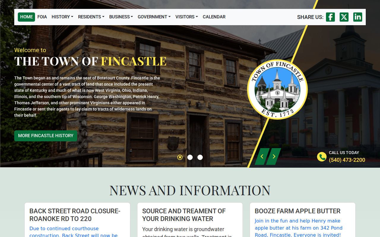 Fincastle warrant records context, official town page and county-seat contact