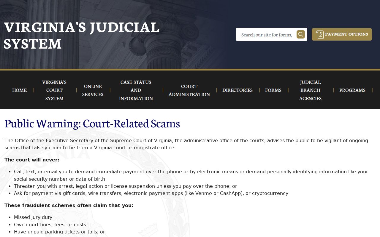 Botetourt County bench warrant safety, Virginia Courts warning about warrant payment scams