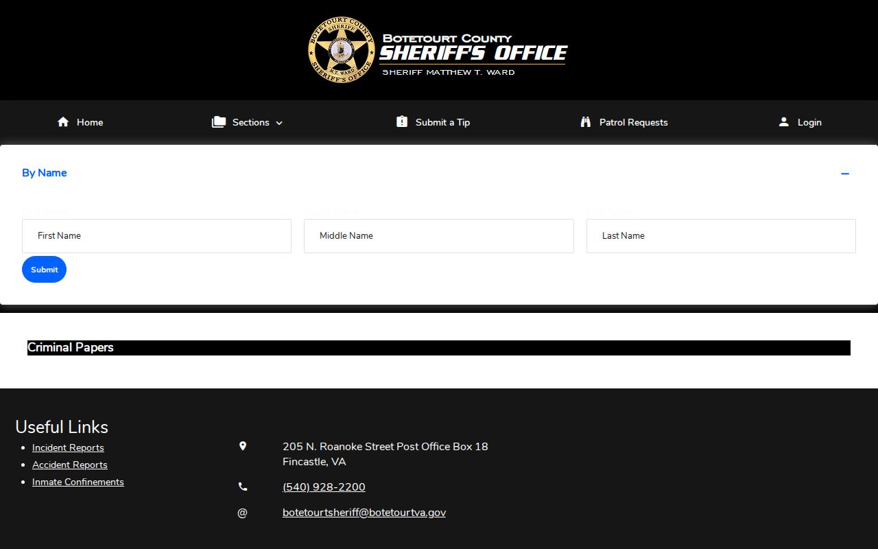 Botetourt County warrant search, Criminal Papers form with three name fields