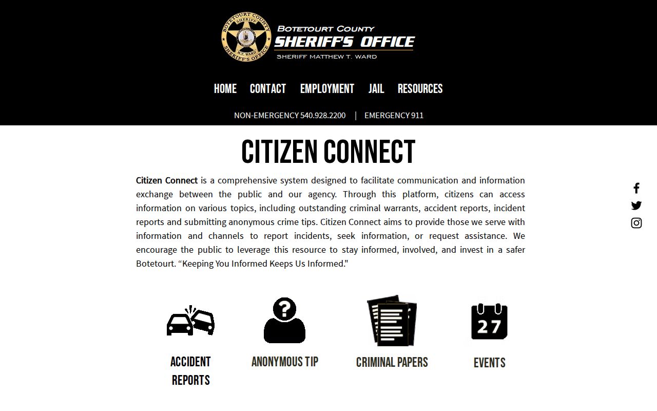 Botetourt County warrant records research, Sheriff's Citizen Connect services